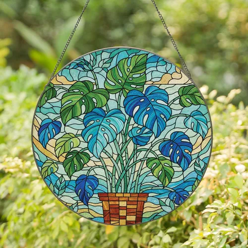 Tropical Plant Deeply Lobed Leaves Mosaic Pot Intricate Foliage - Home Decor Gift Stained Glass Suncatcher