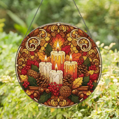 Pillar Candles Pinecones Autumn Leaves Red Berries - Autumn Home Decor Gift Stained Glass Suncatcher