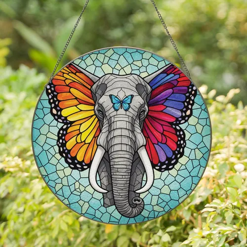 Elephant Head Stained Glass Butterfly Wings - Home Decor Gift for Wildlife Lovers Stained Glass Suncatcher