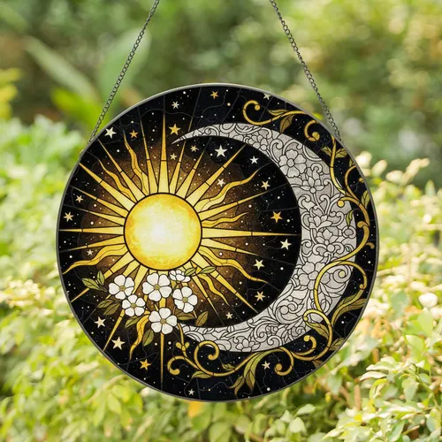 Midnight Sky Golden Sun Crescent Moon Flowers Stars - Home Decor Gift Stained Glass Suncatcher