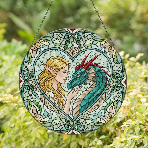 Female Elf Dragon Pair Heart Frame - Fantasy Home Decor Gift for Dragon Elf Lover Stained Glass Suncatcher