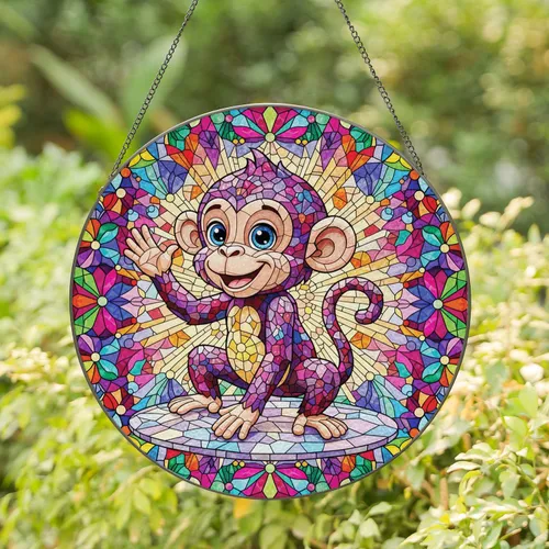 Cheerful Faceted Gem Monkey - Home Decor Gift for Wildlife Lover Stained Glass Suncatcher