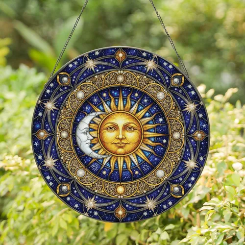 Radiant Golden Sun Face Crescent Moon Astrological Celestial Ring - Home Decor Gift for Sky Gazers Stained Glass Suncatcher