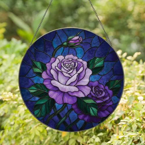Opulent Blooming Purple Rose Floral - Home Decor Gift for Rose Lovers Stained Glass Suncatcher
