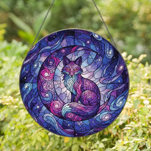 Cosmic Fox Crescent Moon Galaxy Nebulae - Home Decor Gift for Fox Lover Stained Glass Suncatcher