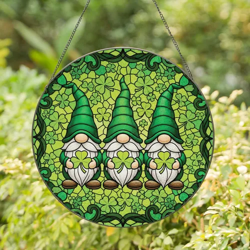Gnomes Four Leaf Clover Celtic Knotwork Shamrocks - St Patricks Day Home Decor Stained Glass Suncatcher