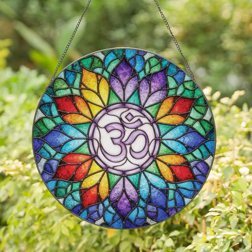 Purple White Om Symbol Mandala Floral - Home Decor Gift for Yoga Lover Stained Glass Suncatcher