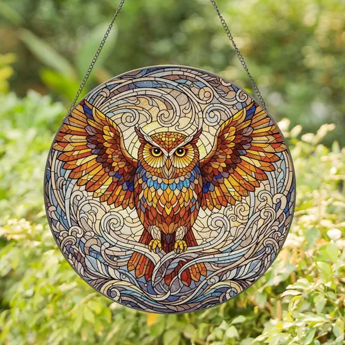 Mosaic Owl Piercing Yellow Eyes Wide Wings Winter Foliage - Wildlife Lover Home Decor Gift Stained Glass Suncatcher