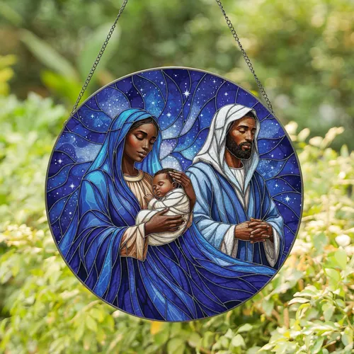 Black Woman Infant Man Starry Night - Home Decor Gift for New Parents Stained Glass Suncatcher