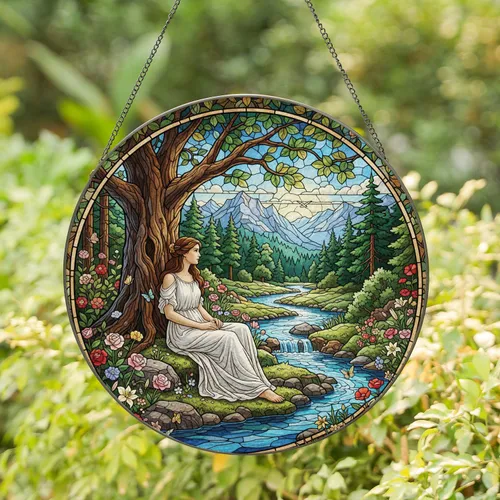 Young Woman Wildflowers River Forest Mountains - Home Decor Gift Stained Glass Suncatcher