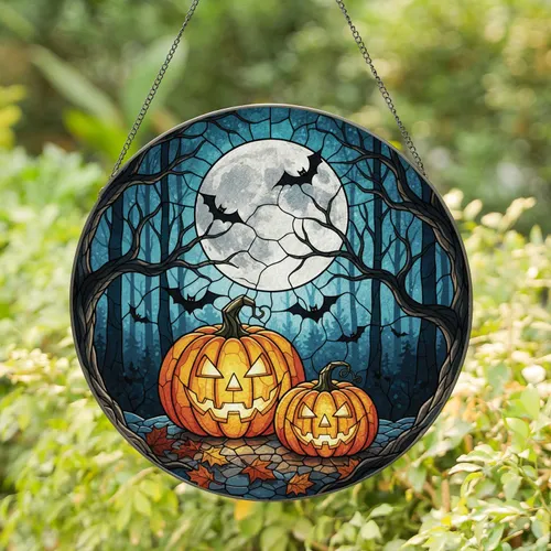 Glowing Jack-o'-lanterns Spooky Bats Full Moon Forest Scene - Halloween Decor Gift Stained Glass Suncatcher