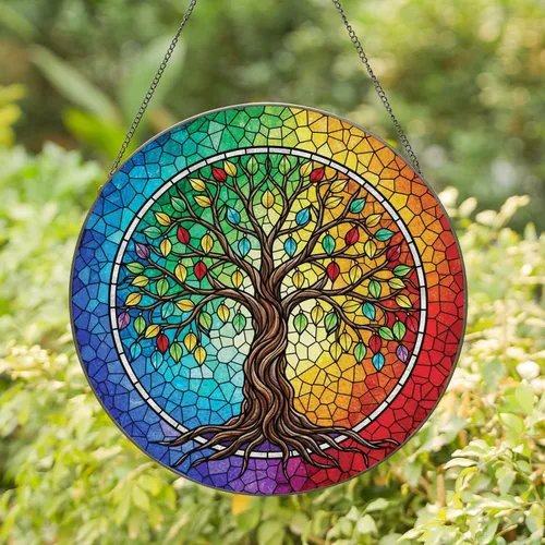 Tree of Life Stained Glass Rainbow Mosaic Branches - Home Decor Gift for Yoga Lovers Stained Glass Suncatcher