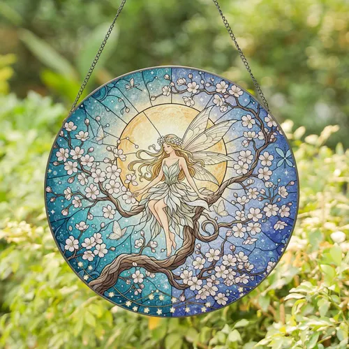 Blonde Fairy Cherry Blossom Full Moon Night Sky - Home Decor Gift Stained Glass Suncatcher