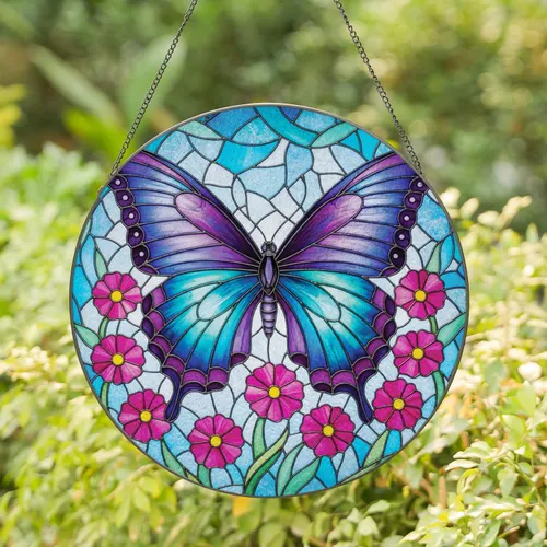 Large Butterfly Fuchsia Flowers Fractured Glass - Home Decor Gift for Garden Lover Stained Glass Suncatcher