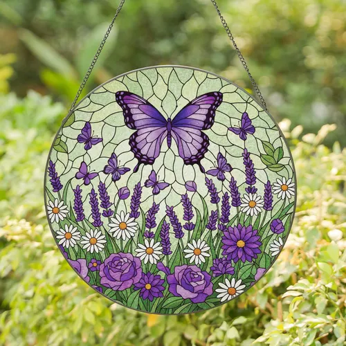 Purple Butterfly Garden Flowers - Home Decor Gift for Garden Lover Stained Glass Suncatcher