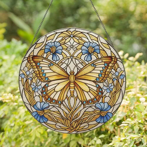 Majestic Butterfly Blue Flowers - Home Decor Gift for Butterfly Lover Stained Glass Suncatcher