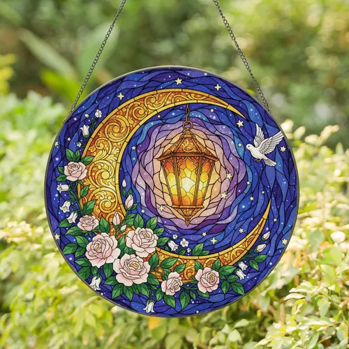 Golden Crescent Moon Lantern Rose Bird - Celestial Home Decor Gift Stained Glass Suncatcher