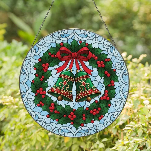 Ornate Christmas Bells Clappers Bow Holly Berry Clusters Wreath - Christmas Home Decor Gift Stained Glass Suncatcher