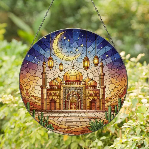 Islamic Architecture Crescent Moon Stars - Home Decor Gift for Islamic Art Lover Stained Glass Suncatcher