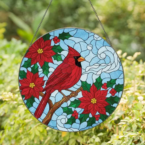 Cardinal Poinsettia Holly Berries - Christmas Home Decor Gift for Bird Lover Stained Glass Suncatcher