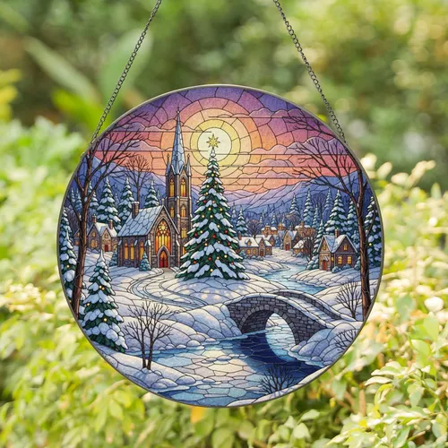 Snowy Village Gothic Church Christmas Tree Stone Bridge - Festive Winter Home Decor Gift Stained Glass Suncatcher