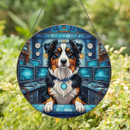 Tricolor Australian Shepherd Tech Control Room - Home Decor Gift for Dog Lover Stained Glass Suncatcher
