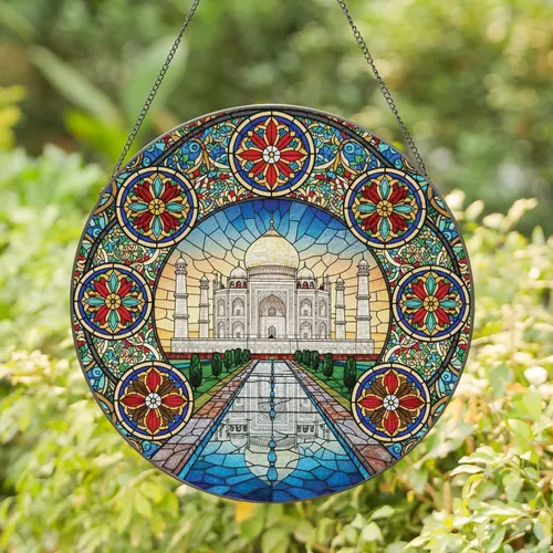Taj Mahal Grand Dome Reflecting Pool Ornate Floral Arabesques Geometry - Home Decor Gift Stained Glass Suncatcher