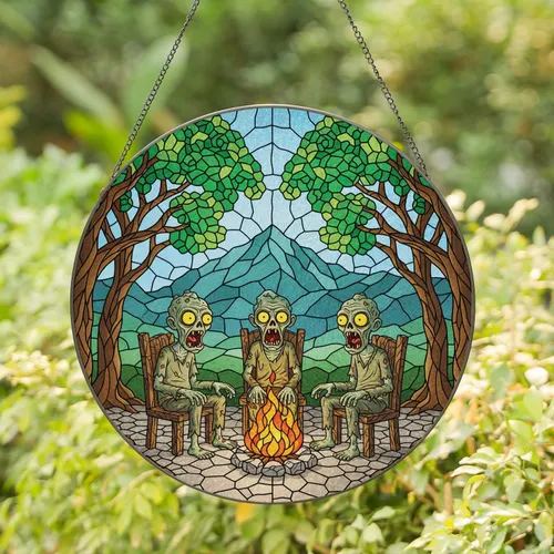 Zombie Campfire Scene - Halloween Home Decor Gift for Scary Movie Fans Stained Glass Suncatcher