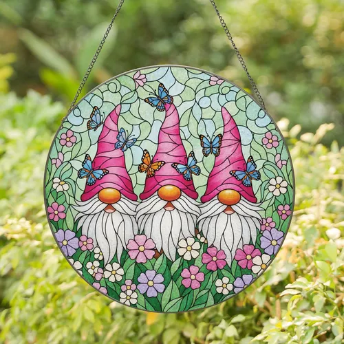 Garden Gnomes Pink Caps Butterflies Yellow Flowers - Indoor Outdoor Decor Gift for Garden Lover Stained Glass Suncatcher