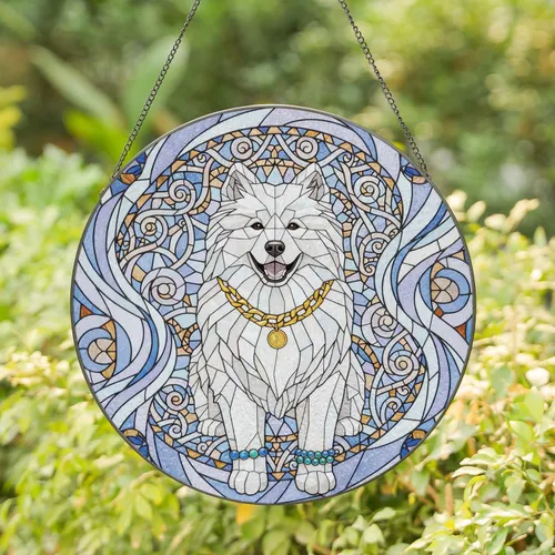 White Fluffy Samoyed Dog Gold Chain Collar Beaded Bracelets - Dog Lover Home Decor Window Gift Stained Glass Suncatcher
