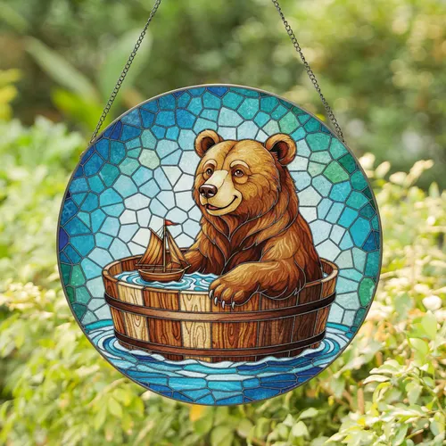 Rustic Wooden Bathtub Bear Sailboat - Home Decor Gift for Bear Lover Stained Glass Suncatcher