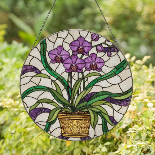 Purple Orchid Flowers Gold Pot - Home Decor Gift for Plant Lover Stained Glass Suncatcher