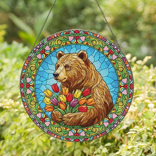 Brown Bear Tulips Heart Leaf Floral - Wildlife Home Decor Gift Stained Glass Suncatcher