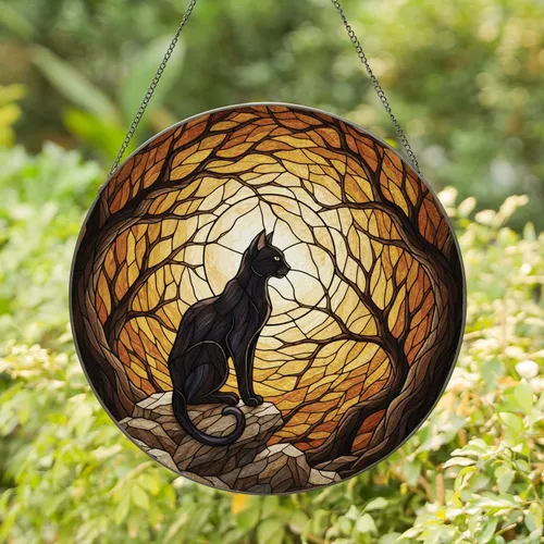 Black Cat Moon Tree - Home Decor Gift for Cat Lover Stained Glass Suncatcher