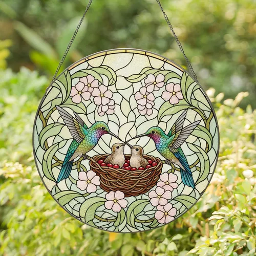 Hummingbirds Nest Red Berries Pink Flowers Green Leaves - Wildlife Lover Gift Stained Glass Suncatcher