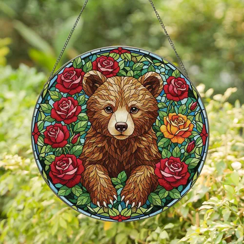 Brown Bear Cub Red Roses - Home Decor Gift for Wildlife Lovers Stained Glass Suncatcher