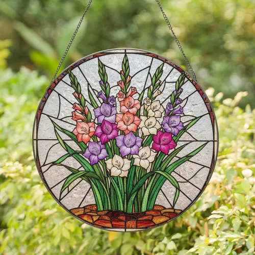 Gladiolus Flower Bouquet Tall Stalks Leaves Glass Pieces Window Decor Gift for Garden Lover Stained Glass Suncatcher