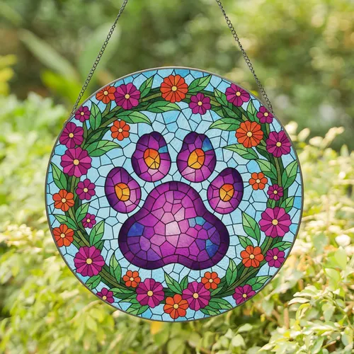 Paw Print Floral Wreath with Blossoms and Leaves - Home Decor Gift for Pet Lovers Stained Glass Suncatcher