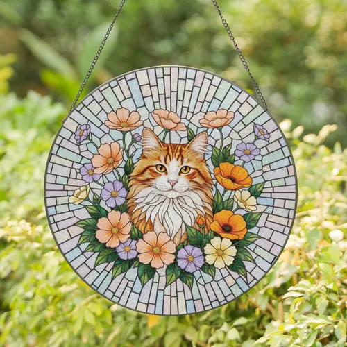 Tiffany Stained Glass Orange Tabby Cat Cosmos Poppies - Home Decor Gift for Cat Lover Stained Glass Suncatcher