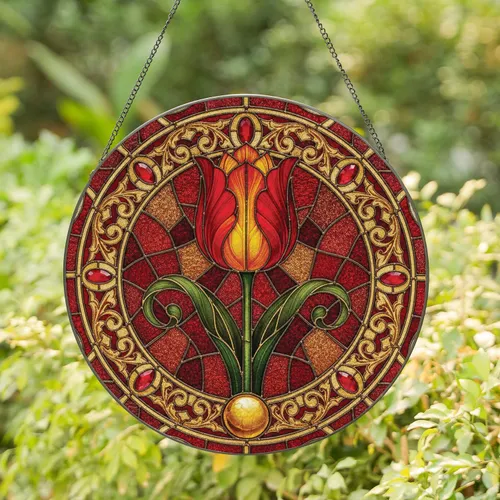 Crimson Tulip Gilded Filigree Mosaic - Home Decor Gift for Garden Lover Stained Glass Suncatcher