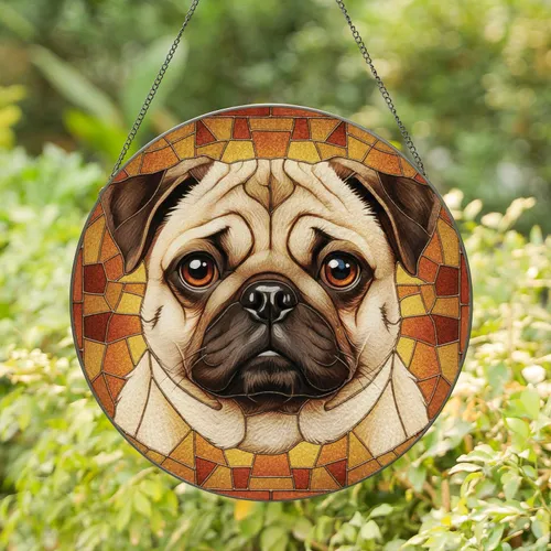 Fawn Pug Dog Geometric Mosaic - Home Decor Gift for Pug Lovers Stained Glass Suncatcher