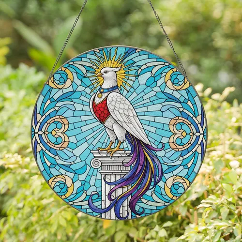 White Bird Golden Sunburst Red Chest Blue Collar Pedestal Wildlife Lover Gift Stained Glass Suncatcher