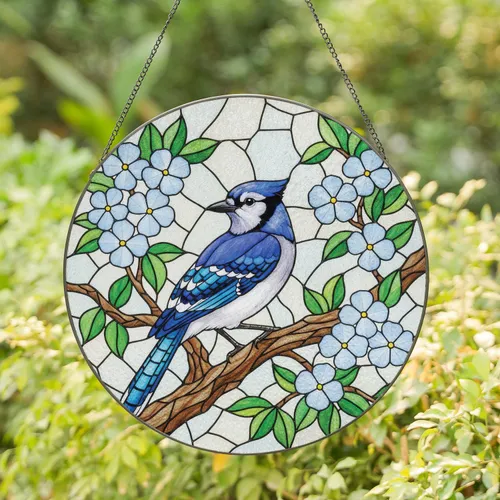 Blue Jay Tree Branch Flowers Mosaic - Wildlife Lover Home Decor Gift Stained Glass Suncatcher