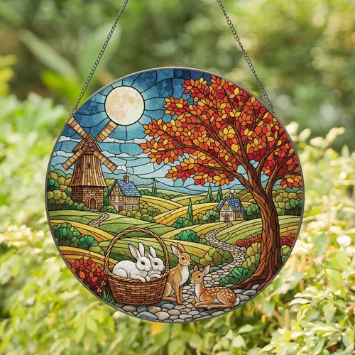 Woodland Rabbits Fawn Windmill Autumn Tree - Home Decor Gift for Animal Lovers Stained Glass Suncatcher