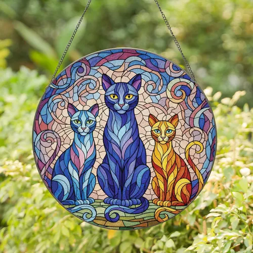 Three Cats Side By Side Blue Purple Pink Yellow Orange - Cat Lover Home Decor Gift Stained Glass Suncatcher