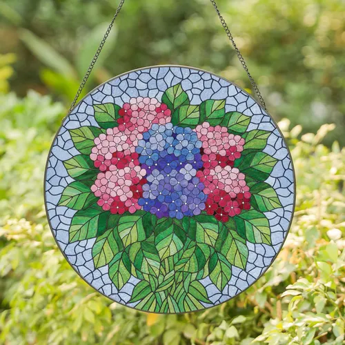 Hydrangeas Blue Pink Purple Floral Bouquet Home Decor Gift for Garden Lovers Stained Glass Suncatcher
