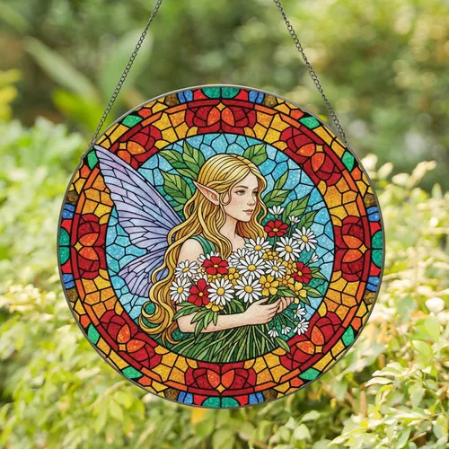 Blonde Elfin Fairy Floral Bouquet Blue Wings Home Decor Gift for Fantasy Lovers Stained Glass Suncatcher