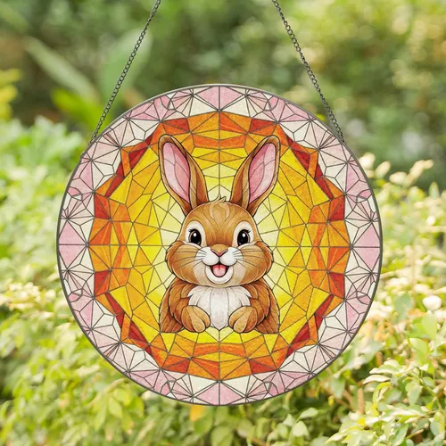 Smiling Plump Brown Baby Rabbit Floral Border Window Decor Gift for Rabbit Lover Stained Glass Suncatcher