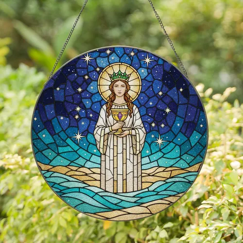 Crowned Female Saint Golden Chalice Starry Waters Sandy Ground - Home Decor Gift Stained Glass Suncatcher