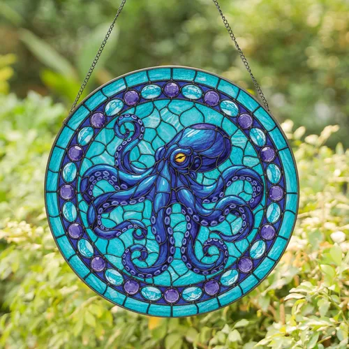 Blue Purple Octopus Aquatic Mosaic - Home Decor Gift for Ocean Lover Stained Glass Suncatcher